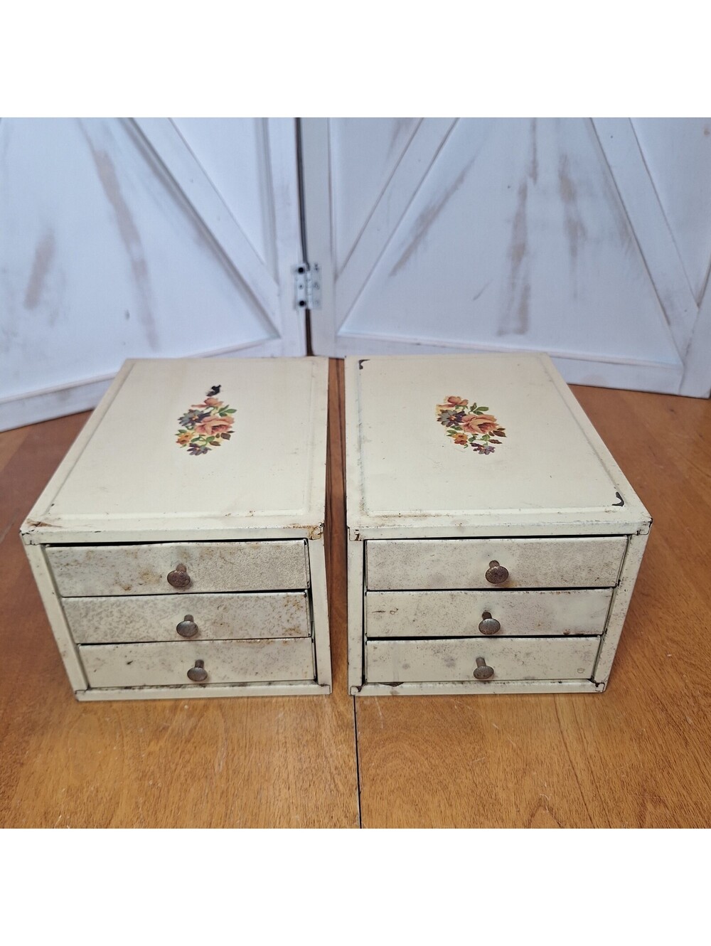 2 VTG Metal 3 Drawer Jewelry/Craft Storage Caddies w/Floral Motif S Brass Knobs.